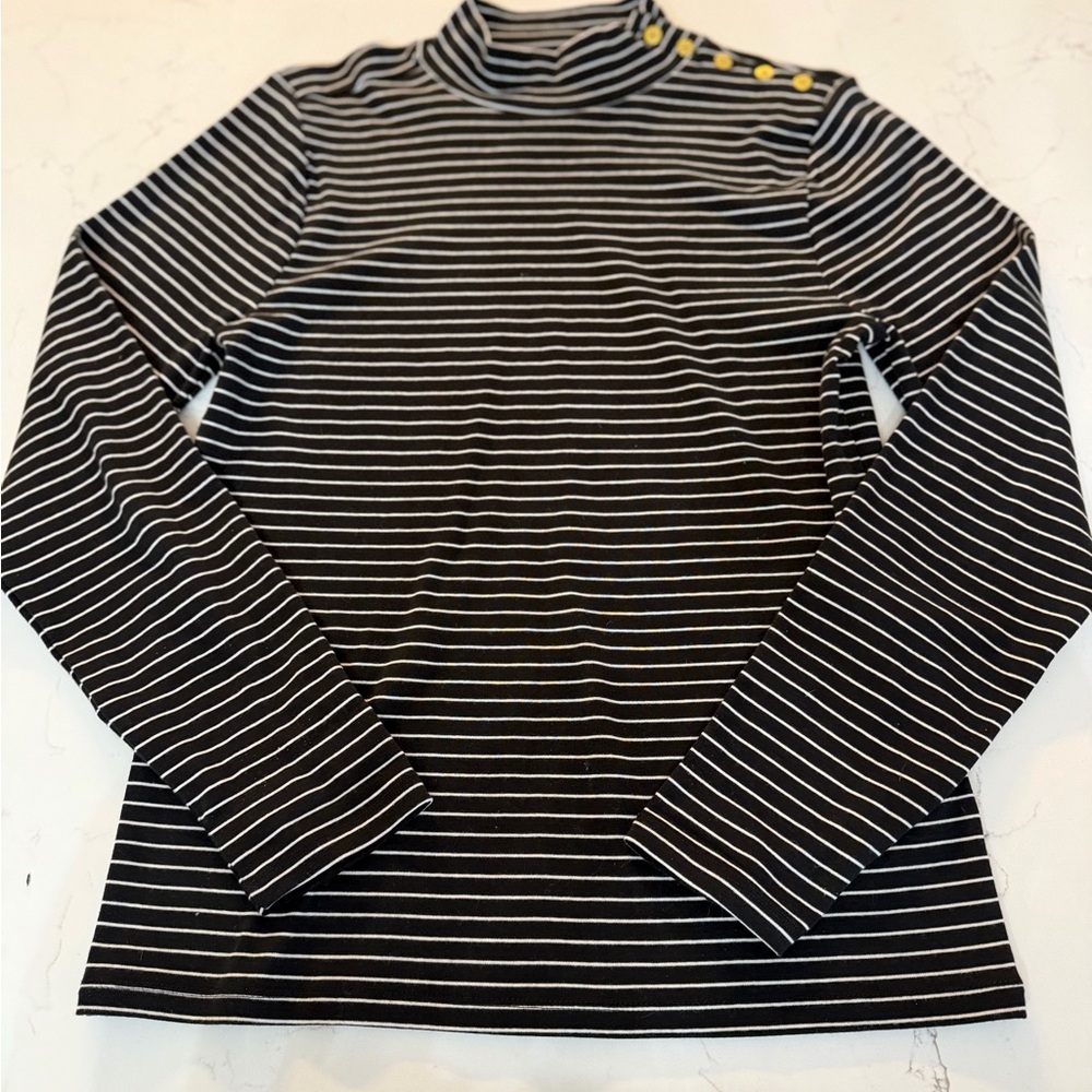 J.Crew Stripped Black and White Mockneck Top with Gold Button Details